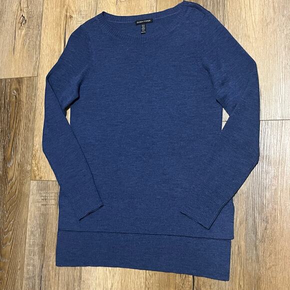 Eileen Fisher 100% Merino Wool Crew Neck High Low Hem Sweater Blue XXS Italian - Picture 4 of 8